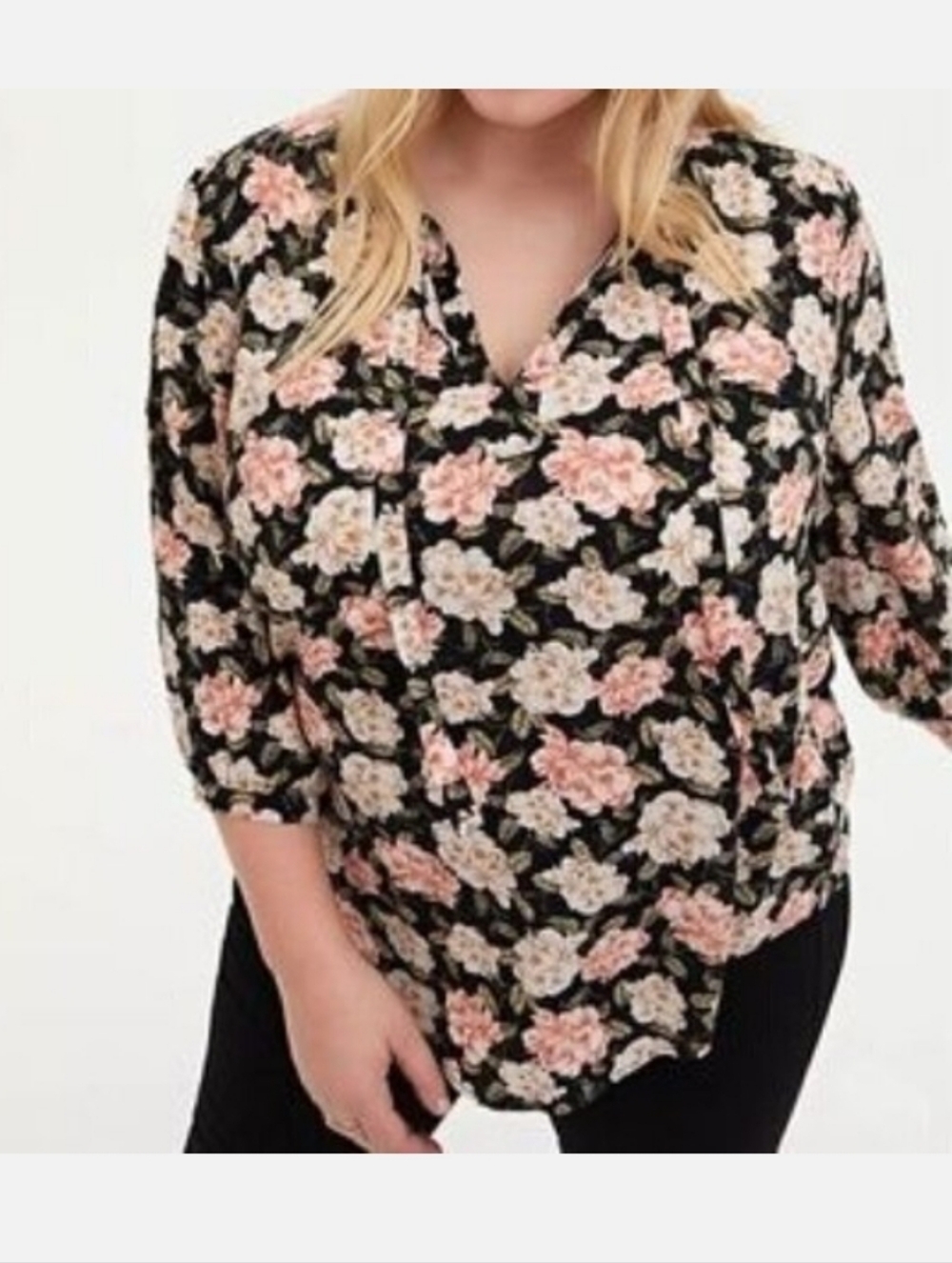 Torrid Floral Shirt Blouse Dobby Peasant Top Partial Sleeve Black Pink Size 3